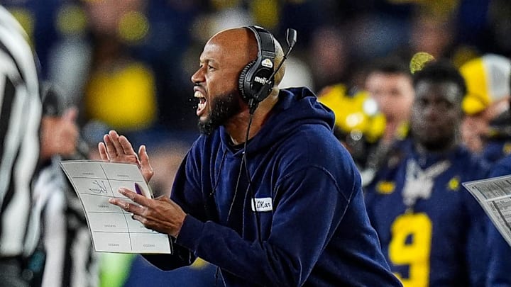 Michigan defensive backs coach LaMar Morgan reacts to a play against Oregon during the second half at Michigan Stadium in Ann Arbor on Saturday, Nov. 2, 2024.