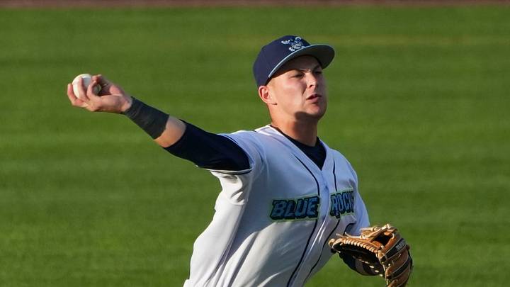 Blue Rocks infielder Eli Willits throws home to assist on an out on a double play against the Frederick Keys, June 23, 2026 at Frawley Stadium. Blue Rocks infielder Eli Willits throws home to assist on an out on a double play against the Frederick Keys, June 23, 2026 at Frawley Stadium.