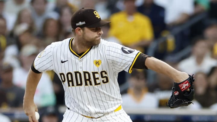 Oct 8, 2024; San Diego, California, USA; San Diego Padres pitcher Michael King (34) throws in the first inning against the Los Angeles Dodgers during game three of the NLDS for the 2024 MLB Playoffs at Petco Park. Mandatory Credit: David Frerker-Imagn Images Oct 8, 2024; San Diego, California, USA; San Diego Padres pitcher Michael King (34) throws in the first inning against the Los Angeles Dodgers during game three of the NLDS for the 2024 MLB Playoffs at Petco Park. Mandatory Credit: David Frerker-Imagn Images