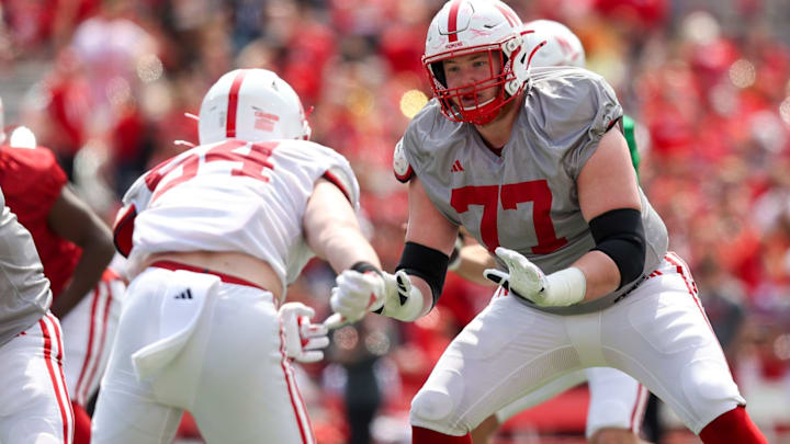Offensive lineman Gunnar Gottula in action during the 2024 Nebraska football spring game.