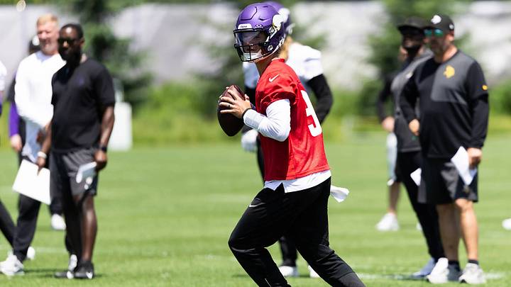 J.J. McCarthy during a June 2026 OTA practice in Eagan, Minnesota. J.J. McCarthy during a June 2026 OTA practice in Eagan, Minnesota.