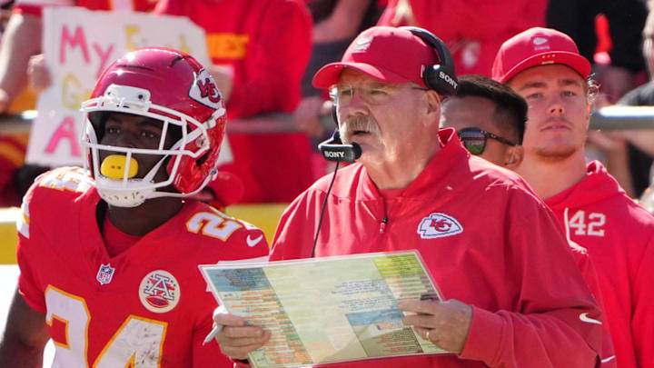 Oct 19, 2025; Kansas City, Missouri, USA; Kansas City Chiefs head coach Andy Reid looks on during the second quarter of the game against the Las Vegas Raiders at GEHA Field at Arrowhead Stadium. Mandatory Credit: Denny Medley-Imagn Images Oct 19, 2025; Kansas City, Missouri, USA; Kansas City Chiefs head coach Andy Reid looks on during the second quarter of the game against the Las Vegas Raiders at GEHA Field at Arrowhead Stadium. Mandatory Credit: Denny Medley-Imagn Images