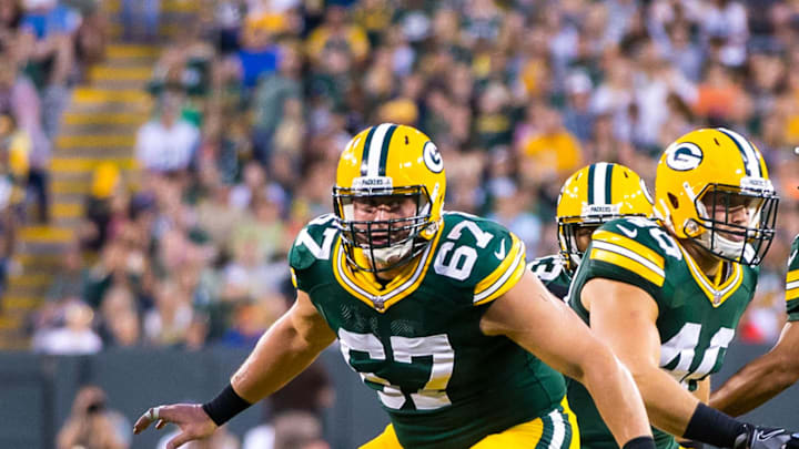 Aug 10, 2017; Green Bay, WI, USA; Green Bay Packers offensive tackle Don Barclay (67) during the game against the Philadelphia Eagles at Lambeau Field. Mandatory Credit: Jeff Hanisch-Imagn Images