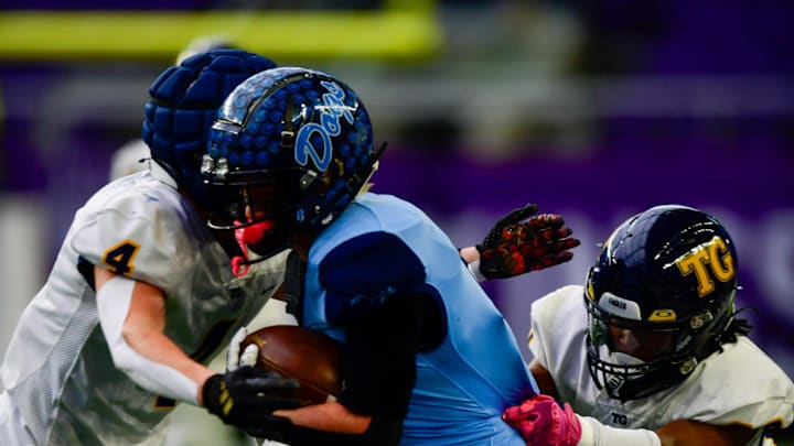 Becker football senior Isaac Daluge runs the ball during the Minnesota Class 4A state championship against Totino-Grace on Nov. 22, 2024 at U.S. Bank Stadium in Minneapolis.