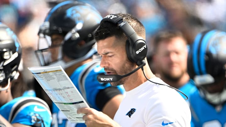 Sep 21, 2025; Charlotte, North Carolina, USA; Carolina Panthers head coach Dave Canales on the sidelines in the fourth quarter at Bank of America Stadium. Sep 21, 2025; Charlotte, North Carolina, USA; Carolina Panthers head coach Dave Canales on the sidelines in the fourth quarter at Bank of America Stadium.