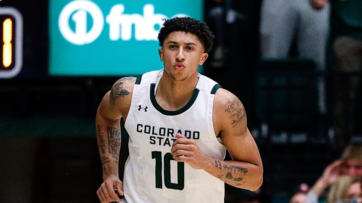 Mar 1, 2025; Fort Collins, Colorado, USA; Colorado State Rams guard Nique Clifford (10) reacts after a play in the second half against the Utah State Aggies at Moby Arena. Mandatory Credit: Isaiah J. Downing-Imagn Images