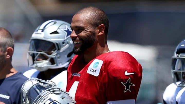 Dallas Cowboys quarterback Dak Prescott during training camp at the River Ridge Playing Fields in Oxnard, California.