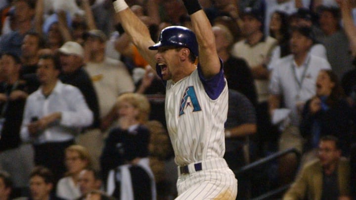 Arizona Diamondbacks outfielder Luis Gonzalez jumps up after his game-winning hit in the ninth inning against the Yankees, winning the 2001 World Series at Bank One Ballpark. Arizona Diamondbacks outfielder Luis Gonzalez jumps up after his game-winning hit in the ninth inning against the Yankees, winning the 2001 World Series at Bank One Ballpark.