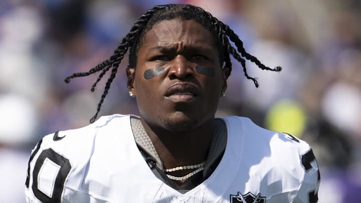 Sep 15, 2024; Baltimore, Maryland, USA; Las Vegas Raiders cornerback Darnay Holmes (30) before the game against the Baltimore Ravens  at M&T Bank Stadium. Mandatory Credit: Tommy Gilligan-Imagn Images