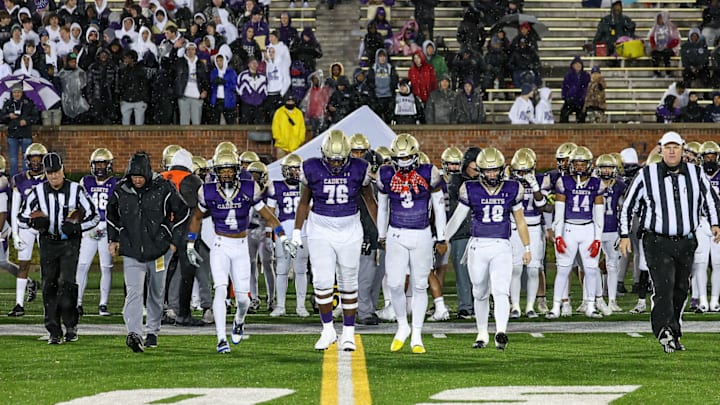Christian Brothers College captains take the field in the Missouri Class 6 state championship on Dec. 2, 2023.