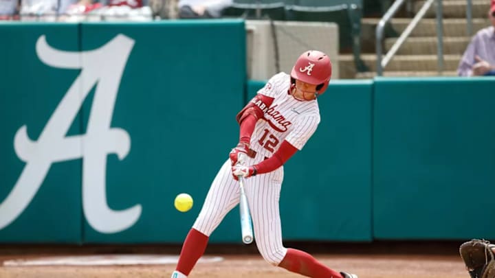 Alabama softball player Audrey Vandagriff (12) hits against Georgia at Rhoads Stadium in Tuscaloosa on Sunday, Mar 30, 2025.