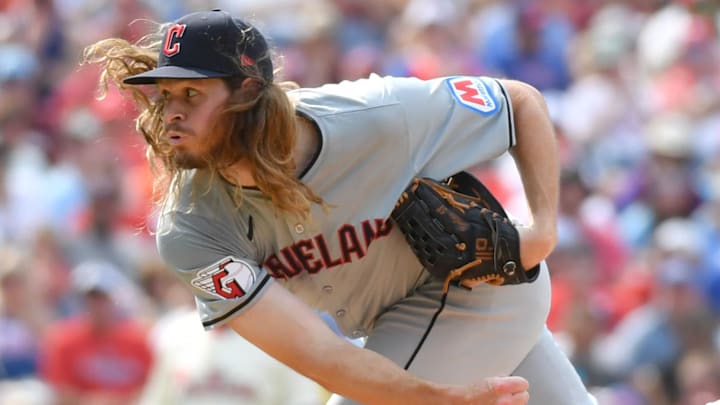 Jul 28, 2024; Philadelphia, Pennsylvania, USA; Cleveland Guardians pitcher Scott Barlow (58) ]throws a pitch against the Philadelphia Phillies during the eighth inning at Citizens Bank Park. Mandatory Credit: Eric Hartline-Imagn Images