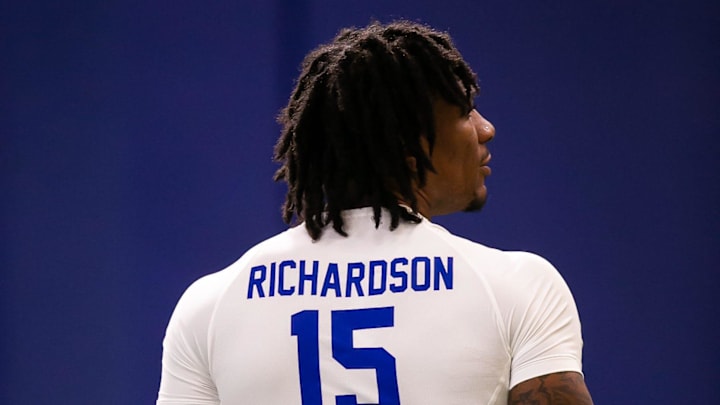Florida Gators quarterback Anthony Richardson (15) walks on the field to warm up during the 2023 NFL