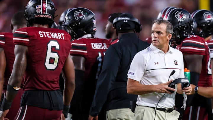 South Carolina football coach Shane Beamer after sending EDGE Dylan Stewart and the defense back onto the field