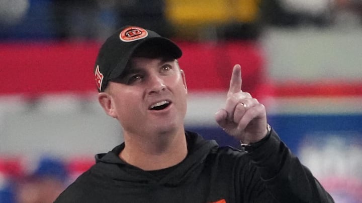 Oct 13, 2024; East Rutherford, New Jersey, USA;  Cincinnati Bengals head coach Zac Taylor pre game against the New York Giants at MetLife Stadium. Mandatory Credit: Robert Deutsch-Imagn Images