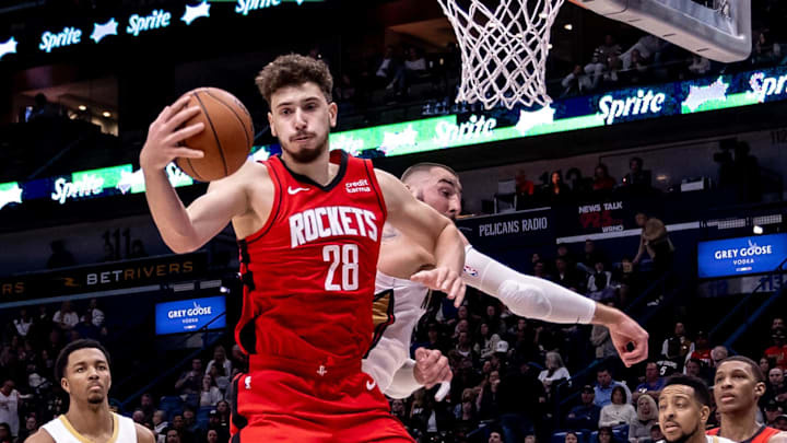 Feb 22, 2024; New Orleans, Louisiana, USA;  Houston Rockets center Alperen Sengun (28) grabs a