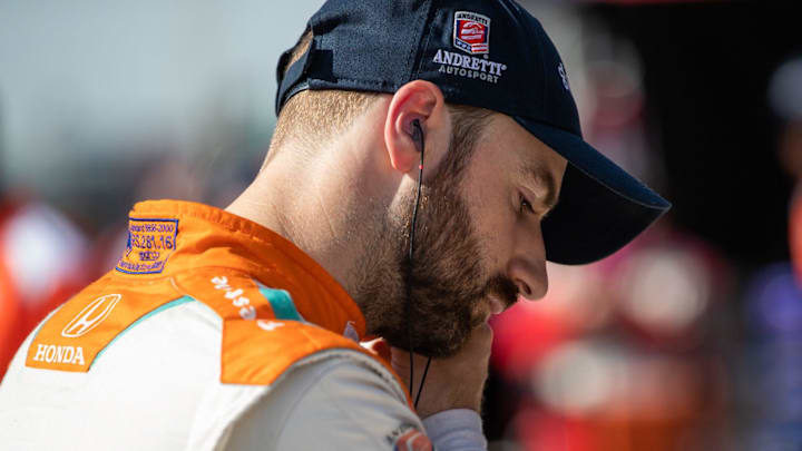 Andretti Steinbrenner Autosport driver James Hinchcliffe (29) suits up for another round of laps Friday, May 21, 2021, during Fast Friday practice in preparation for the 105th running of the Indianapolis 500 at Indianapolis Motor Speedway.