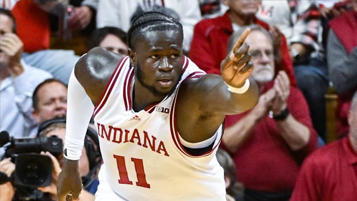 Indiana Hoosiers center Oumar Ballo (11) celebrates after scoring against SIU Edwardsville Cougars at Simon Skjodt Assembly Hall.