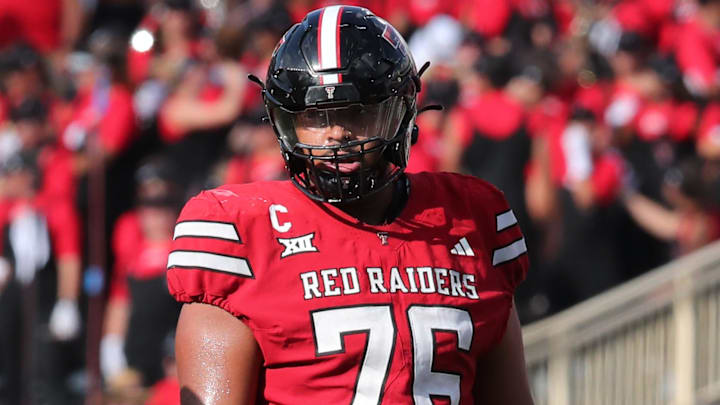 Sep 21, 2024; Lubbock, Texas, USA;  Texas Tech Red Raiders offensive guard Caleb Rogers (76) in the second half looks to the bench in the game against the Arizona State Sun Devils at Jones AT&T Stadium and Cody Campbell Field. Mandatory Credit: Michael C. Johnson-Imagn Images