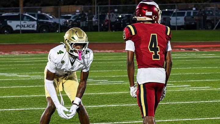 Long Beach Poly DB Donte Wright lines up to defend Poly wide receiver Damani Porras. Long Beach Poly DB Donte Wright lines up to defend Poly wide receiver Damani Porras.