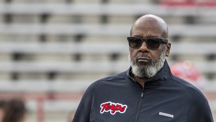 Nov 1, 2025; College Park, Maryland, USA; Maryland Terrapins head coach Mike Locksley stands on the field before the game against the Indiana Hoosiers at SECU Stadium. Mandatory Credit: Tommy Gilligan-Imagn Images Nov 1, 2025; College Park, Maryland, USA; Maryland Terrapins head coach Mike Locksley stands on the field before the game against the Indiana Hoosiers at SECU Stadium. Mandatory Credit: Tommy Gilligan-Imagn Images