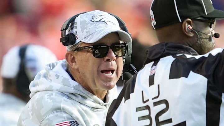 Nov 10, 2024; Kansas City, Missouri, USA; Denver Broncos head coach Sean Payton talks to line judge Jeff Bergman (32) during the second half against the Kansas City Chiefs at GEHA Field at Arrowhead Stadium. Nov 10, 2024; Kansas City, Missouri, USA; Denver Broncos head coach Sean Payton talks to line judge Jeff Bergman (32) during the second half against the Kansas City Chiefs at GEHA Field at Arrowhead Stadium.