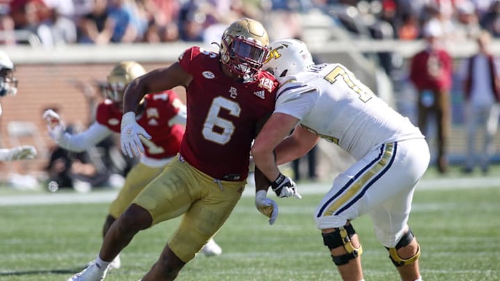 Boston College Eagles defensive end Donovan Ezeiruaku rushes the passer against the Georgia Tech Yellow Jackets