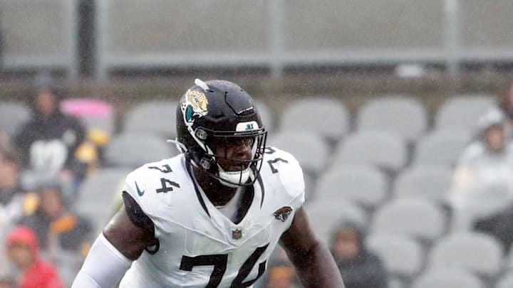 Oct 29, 2023; Pittsburgh, Pennsylvania, USA;  Jacksonville Jaguars offensive tackle Cam Robinson