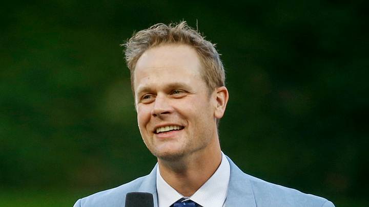 Sep 25, 2021; Minneaeaupolis, Minnesota, USA; Former Minnesota Twins first baseman Justin Morn gives a speech after being inducted to the Twins hall of fame before the game with the Toronto Blue Jays at Target Field. Mandatory Credit: Bruce Kluckhohn-USA TODAY Sports
