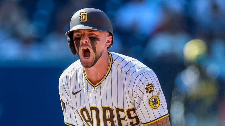 San Diego Padres center fielder Jackson Merrill (3) celebrates after hitting a double during the ninth inning against the Milwaukee Brewers at Petco Park on Aug. 12, 2026. San Diego Padres center fielder Jackson Merrill (3) celebrates after hitting a double during the ninth inning against the Milwaukee Brewers at Petco Park on Aug. 12, 2026.