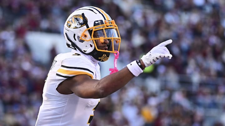 Nov 23, 2024; Starkville, Mississippi, USA; Missouri Tigers wide receiver Luther Burden III (3) reacts after a touchdown against the Mississippi State Bulldogs during the second quarter at Davis Wade Stadium at Scott Field.