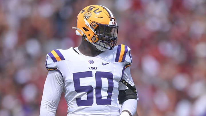Sep 14, 2024; Columbia, South Carolina, USA; LSU Tigers offensive lineman Emery Jones Jr (50) looks on during the second quarter against the South Carolina Gamecocks at Williams-Brice Stadium. Mandatory Credit: Ken Ruinard/USA TODAY Network via Imagn Images