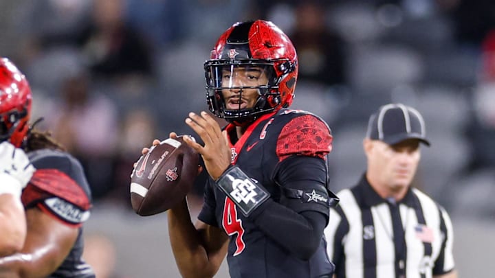 Oct 3, 2025; San Diego, California, USA; San Diego State Aztecs quarterback Jayden Denegal (4) throws a pass during the first half against the Colorado State Rams at Snapdragon Stadium. Oct 3, 2025; San Diego, California, USA; San Diego State Aztecs quarterback Jayden Denegal (4) throws a pass during the first half against the Colorado State Rams at Snapdragon Stadium.