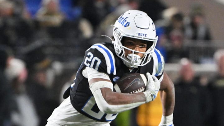Nov 29, 2025; Durham, North Carolina, USA; Duke Blue Devils running back Nate Sheppard (20) runs the ball during the fourth quarter against the Wake Forest Demon Deacons at Wallace Wade Stadium. Mandatory Credit: Zachary Taft-Imagn Images Nov 29, 2025; Durham, North Carolina, USA; Duke Blue Devils running back Nate Sheppard (20) runs the ball during the fourth quarter against the Wake Forest Demon Deacons at Wallace Wade Stadium. Mandatory Credit: Zachary Taft-Imagn Images