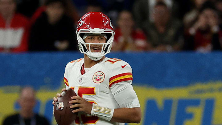 [US, Mexico & Canada customers only] Sep 5, 2025; Sao Paulo, BRAZIL; Kansas City Chiefs quarterback Patrick Mahomes (15) looks to pass in the first quarter during a NFL game at Corinthians Arena. Mandatory Credit: Amanda Perobelli/Reuters via Imagn Images