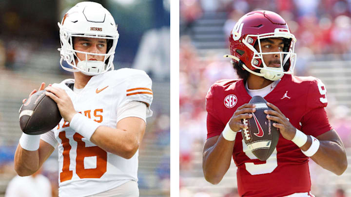 Texas quarterback Arch Manning (left) and Oklahoma quarterback Michael Hawkins