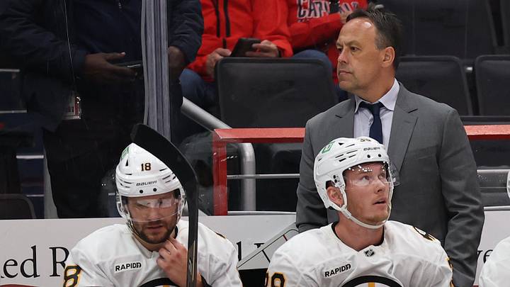 Sep 25, 2026; Washington, District of Columbia, USA; Boston Bruins head coach Marco Sturm looks on from behind the bench against the Washington Capitals during the first period at Capital One Arena. Mandatory Credit: Geoff Burke-Imagn Images Sep 25, 2026; Washington, District of Columbia, USA; Boston Bruins head coach Marco Sturm looks on from behind the bench against the Washington Capitals during the first period at Capital One Arena. Mandatory Credit: Geoff Burke-Imagn Images