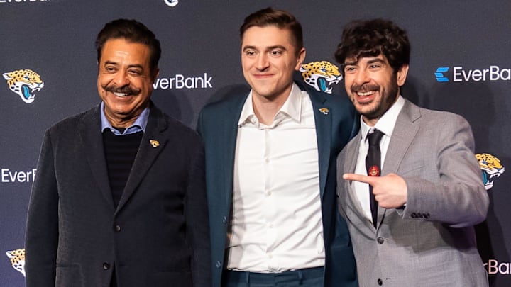 The Jacksonville Jaguars introduced General Manager James Gladstone, center, during a press conference Monday morning February 24, 2025 at the Miller Electric Center in Jacksonville, Fla. He was joined by owner Shad Khan, left, Khan’s son, Director of Football Strategy Tony Khan, right. [Doug Engle/Florida Times-Union]2025