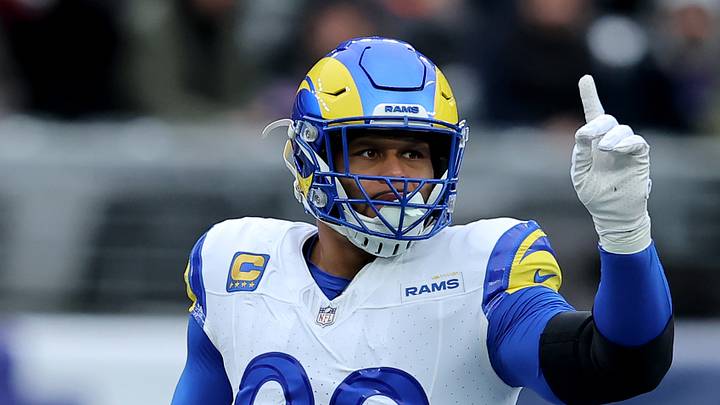 Dec 31, 2023; East Rutherford, New Jersey, USA; Los Angeles Rams defensive tackle Aaron Donald (99) gestures during the first quarter against the New York Giants at MetLife Stadium. Mandatory Credit: Brad Penner-USA TODAY Sports