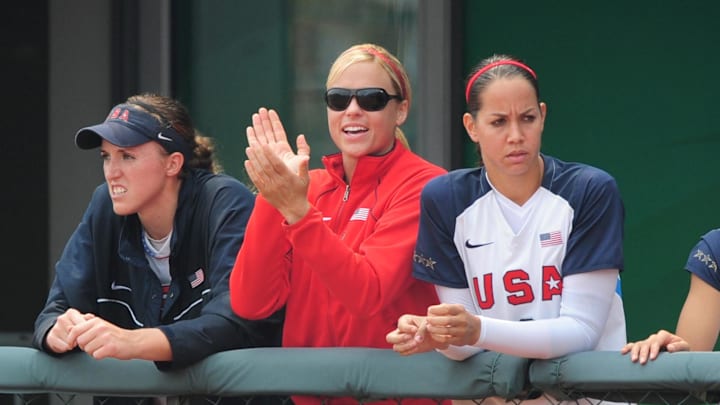 Aug. 20, 2008; Beijing, CHINA; USA pitcher Monica Abbott (left) Jennie Finch (center) and Cat Osterman against Japan during the softball semi finals at the Fengtai Softball Field during the 2008 Beijing Olympic Games. USA defeated Japan 4-1 in extra innings to move onto the gold medal game. 