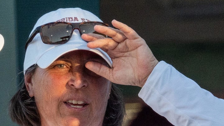 Florida State head coach Lonni Alameda coaches the Seminoles during a game against the Florida Gators on Wednesday, April 2, 2025.