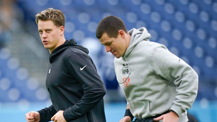 Cincinnati Bengals quarterback Joe Burrow (9) warms up before the Titans play the Bengals at Nissan Stadium in Nashville, Tenn., Sunday, Dec. 15, 2024.