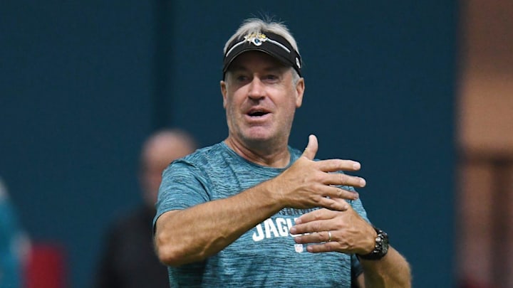 Jacksonville Jaguars Head Coach Doug Pederson on the field during Friday's rookie minicamp session.
