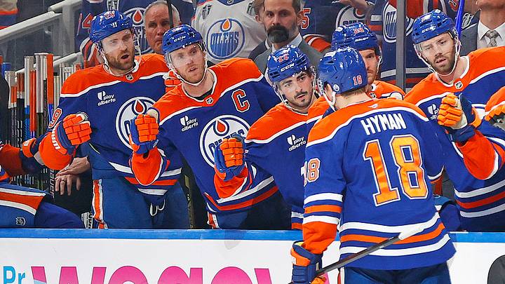 Apr 28, 2026; Edmonton, Alberta, CAN; The Edmonton Oilers celebrate a goal scored by forward Zach Hyman (18) during the first period against the Anaheim Ducksin game five of the first round of the 2026 Stanley Cup Playoffs at Rogers Place. Mandatory Credit: Perry Nelson-Imagn Images Apr 28, 2026; Edmonton, Alberta, CAN; The Edmonton Oilers celebrate a goal scored by forward Zach Hyman (18) during the first period against the Anaheim Ducksin game five of the first round of the 2026 Stanley Cup Playoffs at Rogers Place. Mandatory Credit: Perry Nelson-Imagn Images
