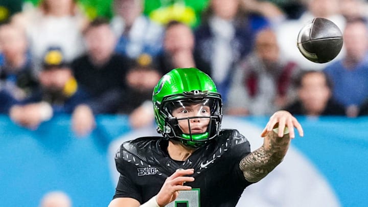 Oregon Ducks quarterback Dillon Gabriel throws a pass.