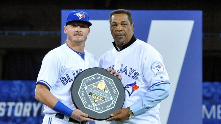 Josh Donaldson is presented with a plaque to commemorate his 2015 American League MVP award by George Bell Josh Donaldson is presented with a plaque to commemorate his 2015 American League MVP award by George Bell
