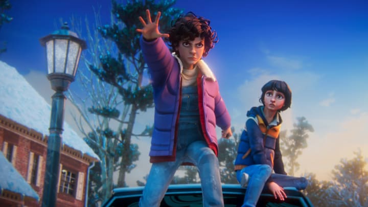 Brooklyn Davey Norstedt as Eleven and Luca Diaz as Mike in Stranger Things: Tales From '85. 