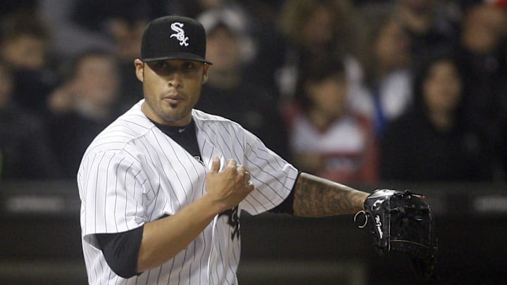 May 20, 2011; Chicago, IL, USA; Chicago White Sox relief pitcher Sergio Santos reacts during the 10th inning against the Los Angeles Dodgers at US Cellular Field. The Dodgers won 6-4 in 10 innings. 