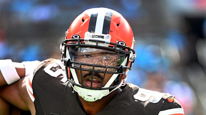 Sep 11, 2022; Charlotte, North Carolina, USA; Cleveland Browns defensive end Myles Garrett (95) on the field in the third quarter at Bank of America Stadium. 