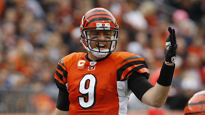 2009.11.29 BENGALS SPORTS :  The Cincinnati Bengals Carson Palmer directs his line against the Cleveland Browns at Paul Brown Stadium Sunday November 29, 2009. The Enquirer/Jeff Swinger

Bengals 11 2009 11 29